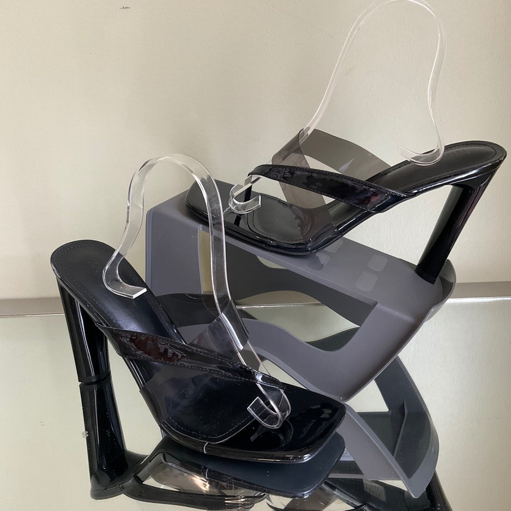 Forever 21 Black Patent Clear Strap Square Toe Thong Heel Mule Sandals Sz 10 Y2K